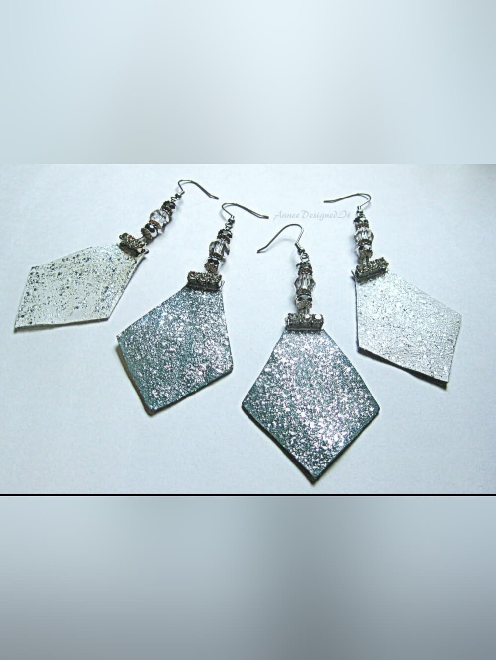 Silver Glitter Diamond-Shaped Leather Drop Earrings - Hand Crafted